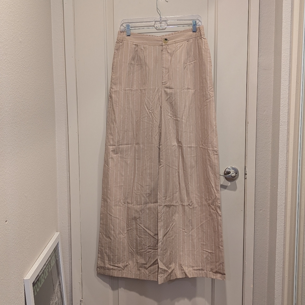 PLT Cotton Light Khaki Tan Poplin Pinstripe Wide Leg Pants Size 12